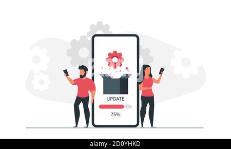 App-Installation und -Update von Mann und Frau per Telefon. Personen und mobile Anwendung Konzept Vektor Illustration Stock Vektor
