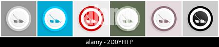 Symbolsatz für Rasenmäher, farbenfrohe Vektorgrafiken mit flachem Design in 6 Optionen für Webdesign und mobile Anwendungen Stock Vektor
