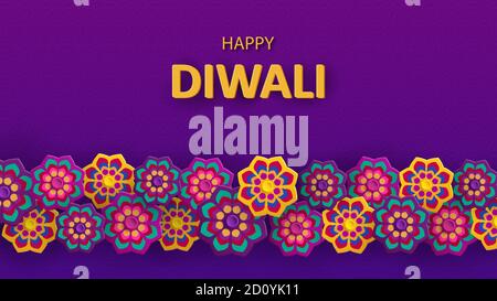 Diwali Festival Urlaub Design mit Papier geschnitten Stil der indischen Rangoli und Blumen. Vektor Stock Vektor
