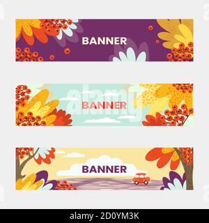 Herbst Saison einfache bunte horizontale Banner. Herbst, gelbes Laub von Bäumen, Vogelbeeren, Auto. Stock Vektor