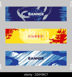 Einfache bunte horizontale Banner aus farbigen Pinselstrichen und Spots. Linien, Punkte und runde Blots. Stock Vektor