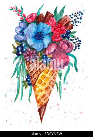 Aquarell Illustration Eiskegel mit Blumen und Pralinen. Mehrfarbige Zeichnung. Süßes Essen Dessert Bild. Stillleben mit einem Blumenstrauß. Stockfoto