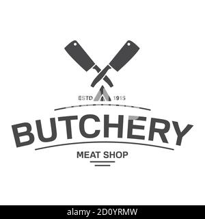 Emblem Metzger Fleisch Shop.Hatchet Messer gekreuzt.Logo Vorlage für Fleisch Geschäft. Stock Vektor