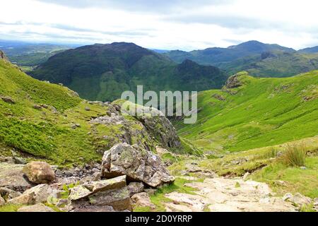 Blick auf Lingmoor Fell vom Stickle Ghyll Pfad Langdale Pikes, Lake District Stockfoto