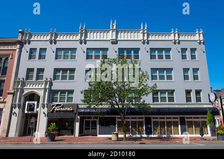 Historische Geschäftsgebäude an der Elm Street in der stark Street im Zentrum von Manchester, New Hampshire NH, USA. Stockfoto