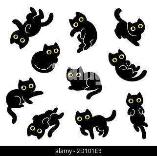 Niedliche Cartoon schwarze Katze Zeichnung Set. Handgezeichnete Kitty-Doodles in verschiedenen Posen. Einfache kawaii Stil Vektor Clip Art Illustration. Stock Vektor