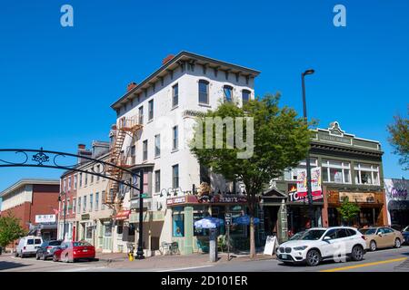 Historische Geschäftsgebäude an der Elm Street in der stark Street im Zentrum von Manchester, New Hampshire NH, USA. Stockfoto