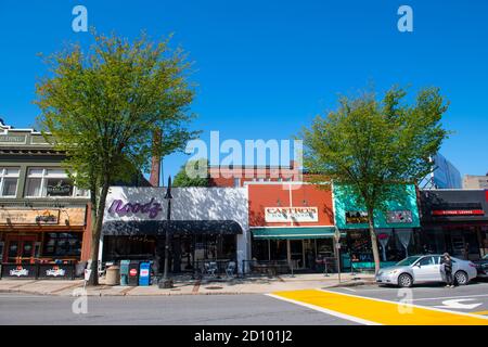 Historische Geschäftsgebäude an der Elm Street in der Mechanic Street im Stadtzentrum von Manchester, New Hampshire NH, USA. Stockfoto