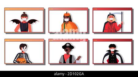 Setzen Sie Menschen in Masken tragen verschiedene Kostüme glücklich halloween Urlaub Feier selbst Isolation coronavirus Quarantäne Konzept Web-Browser-Fenster Sammlung Horizontale Vektordarstellung im Hochformat Stock Vektor