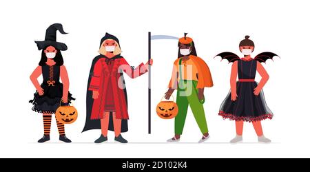 Set Mädchen in Masken tragen verschiedene Kostüme glücklich halloween-Party Feier coronavirus Quarantäne Konzept volle Länge horizontale Vektor-Illustration Stock Vektor