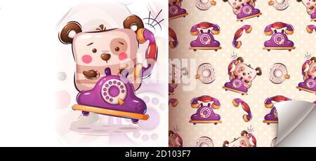 Teddybär ruft auf dem alten Telefon - nahtlose Muster Stock Vektor