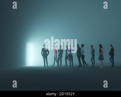 Gruppe von Menschen gehen zum Licht Stockfoto