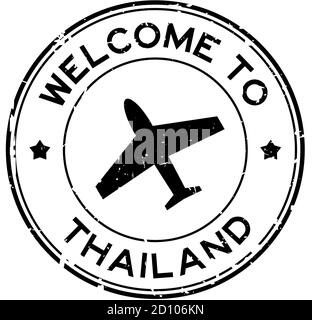 Grunge schwarz Willkommen in Thailand Wort mit Flugzeug-Symbol rund Stempel mit Gummidichtung auf weißem Hintergrund Stock Vektor