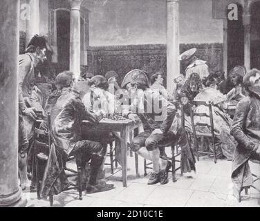 „ein schwieriger Schritt!“ - Szene eines spanischen Cafés während der Zeit des Halbinselkrieges 2. Mai 1808 – 17. April 1814. Stockfoto