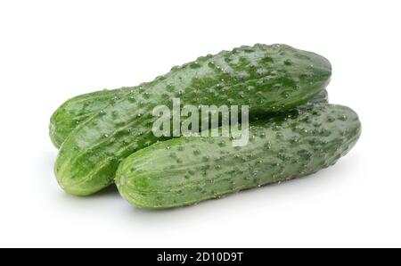 Gruppe der frischen reifen Gurken isoliert auf weiß. Stockfoto