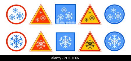 Satz von Straßenschild für Kälte isoliert auf weißem Hintergrund. Schnee, kaltes Schild mit Schneeflocke im Kreis, Rechteck und Dreieck. Symbol für rutschige Straße. Vektor Stock Vektor