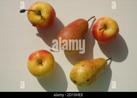 Drei gelb orange Äpfel und zwei Birnen auf einem weißen sonnigen Tisch. Stockfoto