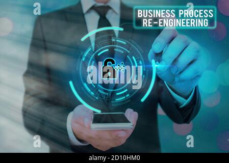 Word Writing Text Business Process Re Engineering. Business Foto zeigt die Analyse und Design von Workflows Grafik-Vorhängeschloss für Web-Daten zu informieren Stockfoto