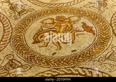 Amor auf einem Delphin Mosaik in Fishbourne Roman Villa aus dem 2. Jahrhundert n. Chr. Stockfoto