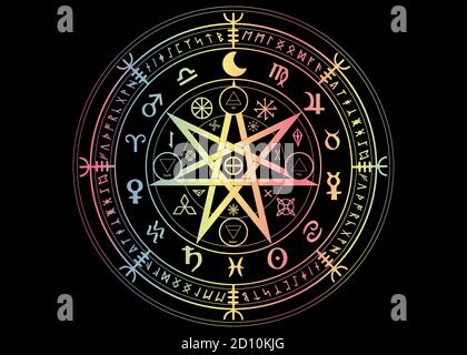 Wiccan Symbol des Schutzes. Set aus Mandala Hexen Runen, Mystic Wicca Weissagung. Bunte alte okkulte Symbole, Erde Tierkreis Rad Zeichen Stock Vektor