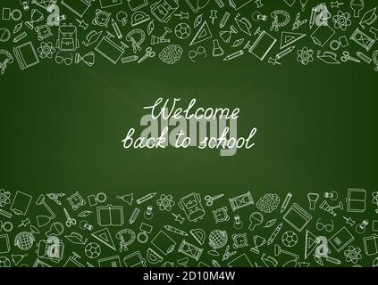 Zurück zu Schule Kreidetafel Tapete. Bildung gezeichnet Symbole Muster. Schule liefert Symbole Doodle Lerninhalte Kreide gezeichnet Doodle Symbole backgrou Stock Vektor