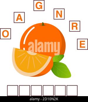 Spiel Wörter Puzzle reif orange Frucht Kreuzworträtsel. Tropische Früchte. Stock Vektor