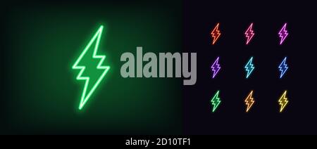 Neon-Blitz-Symbol. Leuchtender Neon Blitz, elektrischer Sturm in lebendigen Farben. Heller elektrischer Blitz, elektrische Leistung, Hochspannung. Symbolsatz, s Stock Vektor