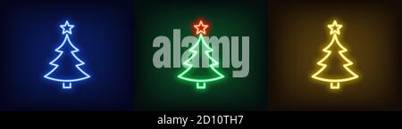 Set von Neon Weihnachtsbaum mit Stern, glühende Ikone. Neon New Year Baum Silhouette, umreißen Weihnachtsbaum in blauen, grünen und gelben Farben. Festliche Filme Stock Vektor