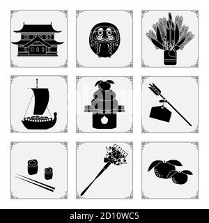 Symbole des japanischen Neujahrs 2021. Schloss, Daruma, Schatzschiff, Mandarine, Pfeile, Lebensmittel, Rollen, Rechen, Kiefer, Bambus Dekorationen am Eingang zu ho Stock Vektor