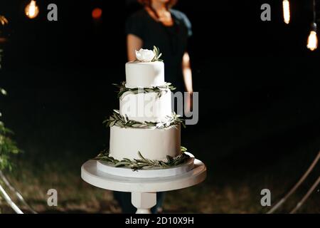 Dreistufiger Hochzeitstorte mit Pfingstrosen dekoriert. Kuchen bei der Hochzeit Stockfoto