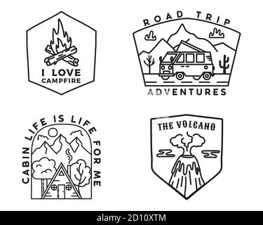 Vintage Mountain Camp Abzeichen Logos Set, Abenteuer Aufkleber. Handgezeichnete Embleme Bündel. Roadtrip, Reise-Expedition, Lagerfeueretiketten. Wandern im Freien Stock Vektor