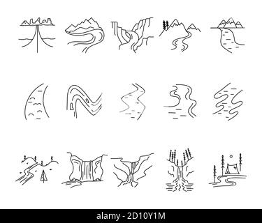 Einfache Vektor Täler, Flüsse und Berge Symbole Formen gesetzt. Logo Creation Kit. Outdoor Abenteuer Linie Kunst Elemente Bündel. Silhouette lineares Konzept Stock Vektor
