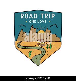 Vintage Camping RV Logo, Abenteuer Emblem Illustration Design. Outdoor Road Trip Label mit Wohnwagen und Text - Road trip one love. Ungewöhnlich Stock Vektor