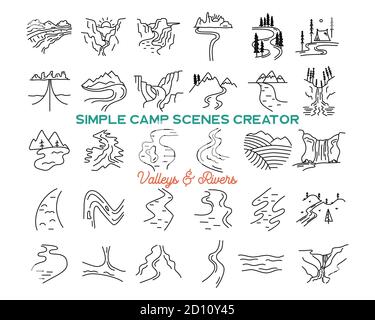 Einfache Vektor Berge Täler und Flüsse Symbole Formen gesetzt. Logo Creation Kit. Outdoor Adventure Line Art Mountain Elements Bundle. Silhouette linear Stock Vektor