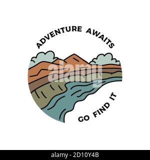 Vintage Camping Abenteuer Abzeichen Illustration Design. Outdoor-Logo-Emblem mit Bergen Tal und Text - Abenteuer erwartet go find it. Ungewöhnlich linear Stock Vektor