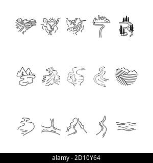 Einfache Vektor Täler, Flüsse und Berge Symbole Formen gesetzt. Logo Creation Kit. Outdoor Abenteuer Linie Kunst Elemente Bündel. Silhouette lineares Konzept Stock Vektor