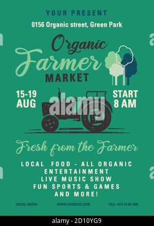 Organic Farmer Market Flyer A4-Format. Lokal angebaut, alle natürlichen Bio-Produkte Poster Grafik-Design mit Traktor. Stock Vektor Retro-Karte Stock Vektor