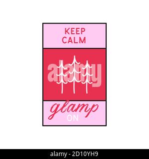 Glamping Logo, Abenteuer Camp Emblem Illustration Design. Outdoor-Label mit Baum und Text - Keep Calm Glamp On. Ungewöhnliche lineare rosa Sticker Stock Vektor