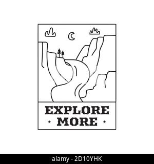 Camping Abenteuer Logo Emblem Illustration Design. Outdoor-Label mit Berglandschaft und Text - Entdecken Sie mehr. Ungewöhnlicher linearer Hipster Aufkleber Stock Vektor