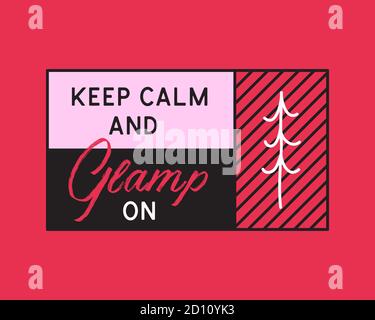 Glamping Logo, Abenteuer Camp Emblem Illustration Design. Outdoor-Label mit Baum und Text - Keep Calm Glamp On. Ungewöhnlicher linearer pinker Hipster-Stil Stock Vektor