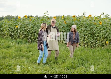 Drei fröhliche freundliche Menschen bewegen sich auf grünem Gras entlang Sonnenblume Ein Stockfoto