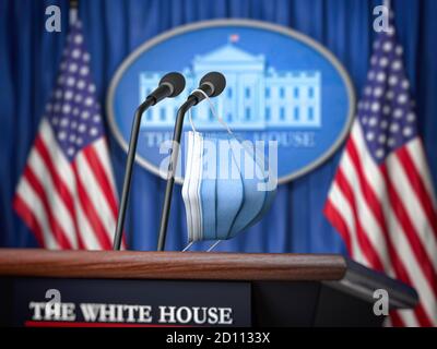 Maske auf Mikrofon im Weißen Haus. Coronavirus COVID 19 des Präsidenten von USA Concept. 3d-Illustration Stockfoto