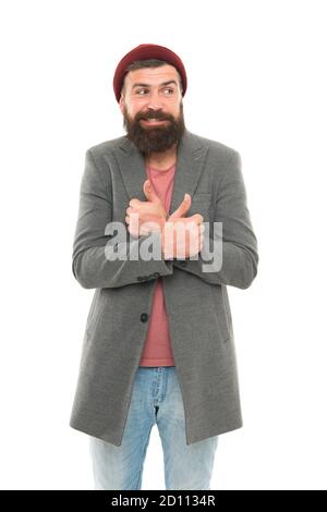 Schule der guten Manieren. Tipps und Tricks schöner Mann. Modischer Hipster-Mann. Bärtig und hübsch. Selbstverbesserungskonzept. Sorgloser Hipster. Bärtige Hipster brutale Person. Bully Hipster. Stockfoto