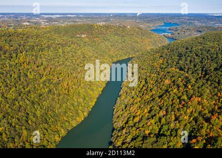 Luftdrohnenaufnahme des Cheat-Flusses, der im Herbst durch eine enge bewaldete Schlucht in Richtung Cheat Lake bei Morgantown, WV fließt Stockfoto