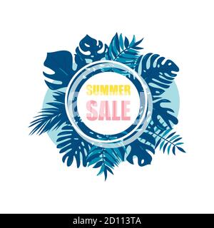 Sommer Verkauf Vorlage Banner, Poster mit Palmblättern, Dschungelblatt. Blumen tropischen Sommer Hintergrund. Vektorgrafik Stock Vektor