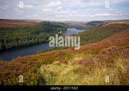 Frühherbst mit Blick auf das Upper Derwent Valley, das die Derwent & Howden Staudämme im Peak District National Park beherbergt Stockfoto