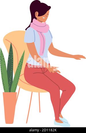 Frau mit Schal sitzt auf einem Stuhl neben einem Blumentopf Vektor Illustration Design Stock Vektor