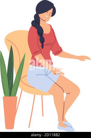 Lächelnde Frau, die auf einem Stuhl neben einer Blume sitzt Pot Vektor Illustration Design Stock Vektor