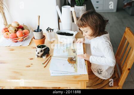 Kiew, Ukraine - 4. Oktober 2020: Kinder Wissenschaft Experiment - Kind Buch lesen Harvey der Gärtner auf ukrainisch lernen, Samen anzubauen. Kleines Mädchen mit Stockfoto