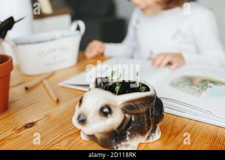 Kiew, Ukraine - 4. Oktober 2020: Kinder Wissenschaft Experiment - Kind Buch lesen Harvey der Gärtner auf ukrainisch lernen, Samen anzubauen. Kleines Mädchen mit Stockfoto